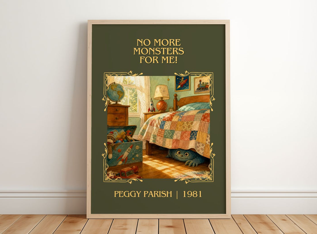No More Monsters for Me! Classic Book Art Print by Peggy Parish – framed print leaning on a wooden floor