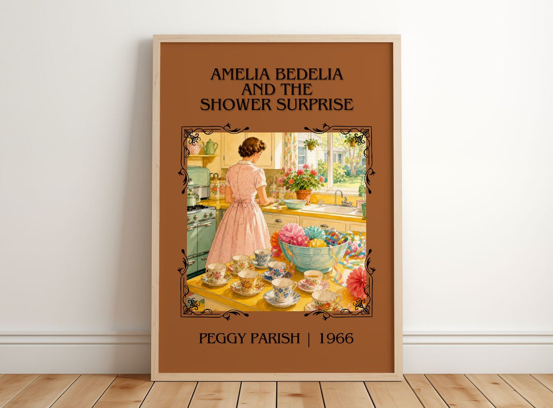 Amelia Bedelia and the Shower Surprise Classic Book Art Print by Peggy Parish – framed print leaning on a wooden floor