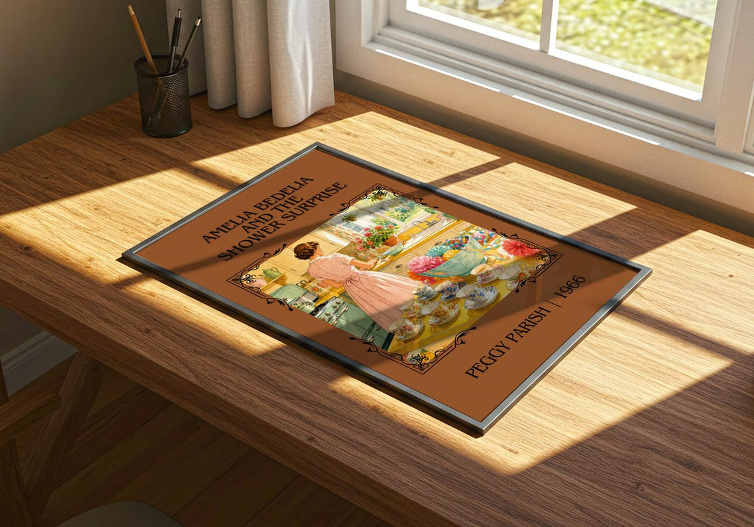 Amelia Bedelia and the Shower Surprise Classic Book Art Print by Peggy Parish – print on a sunlit desk