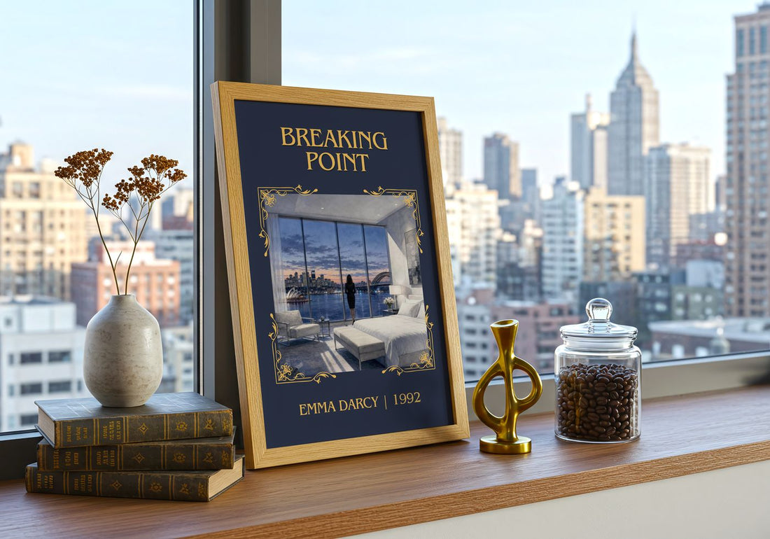 Breaking Point Classic Book Art Print by Emma Darcy – framed print on a city-view windowsill