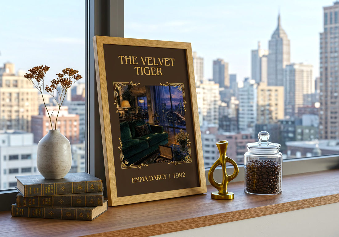 The Velvet Tiger Classic Book Art Print by Emma Darcy – framed print on a city-view windowsill