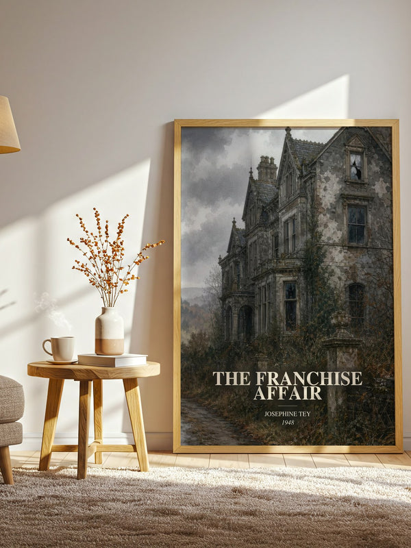 The Franchise Affair watercolour print in frame leaning in hallway – mystery wall art
