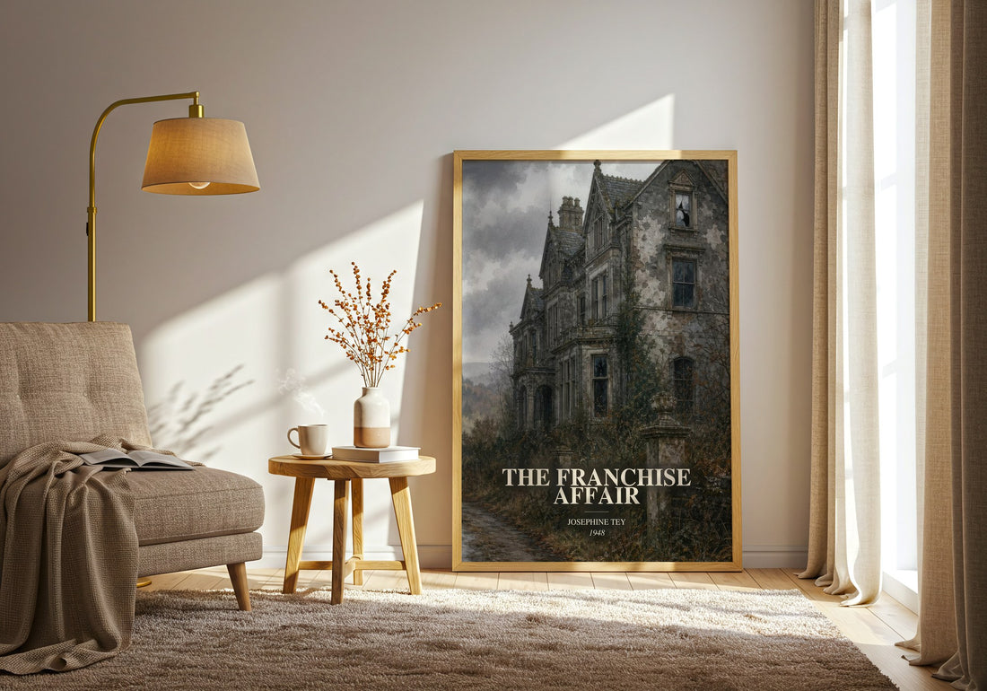 The Franchise Affair watercolour print in frame leaning in hallway – mystery wall art (mockup)