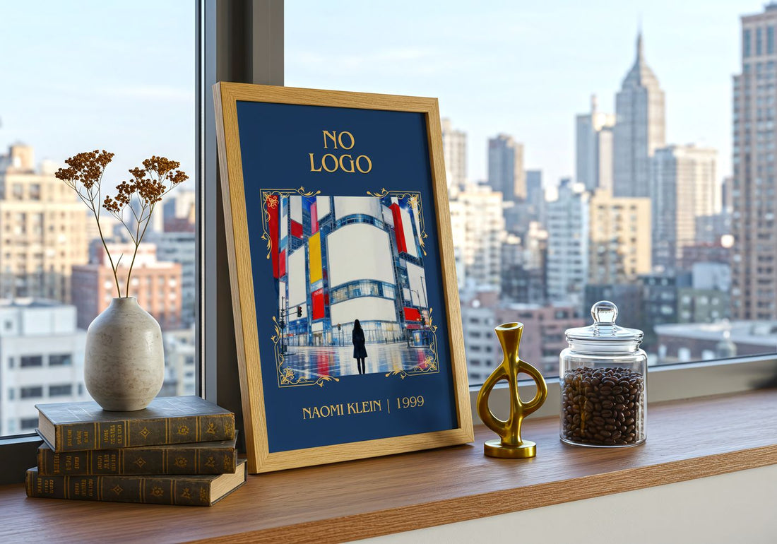 No Logo Classic Book Art Print by Naomi Klein – framed print on a city-view windowsill