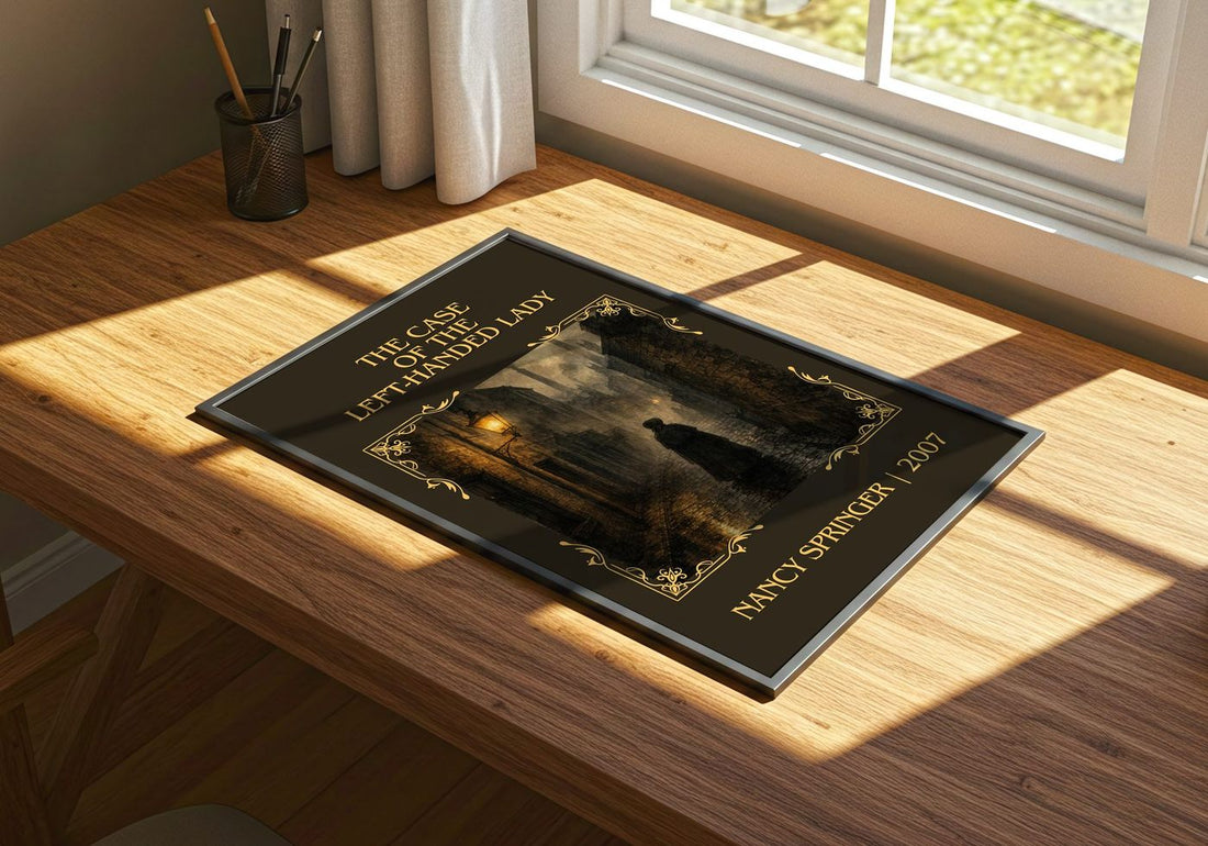 Case of the Left-Handed Lady Classic Book Art Print by Nancy Springer – print on a sunlit desk