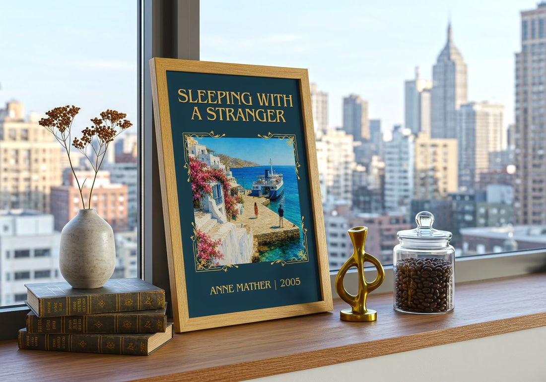 Sleeping with a Stranger Classic Book Art Print by Anne Mather – framed print on a city-view windowsill