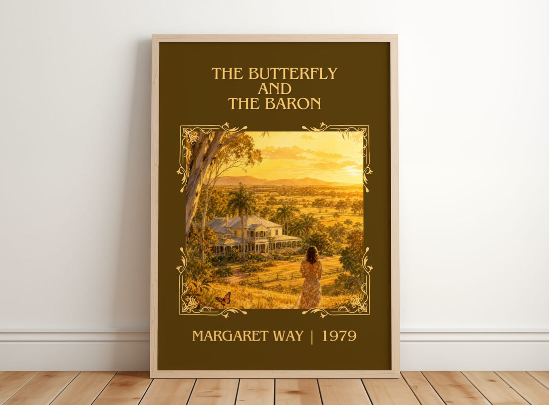 The Butterfly and the Baron Classic Book Art Print by Margaret Way – framed print leaning on a wooden floor