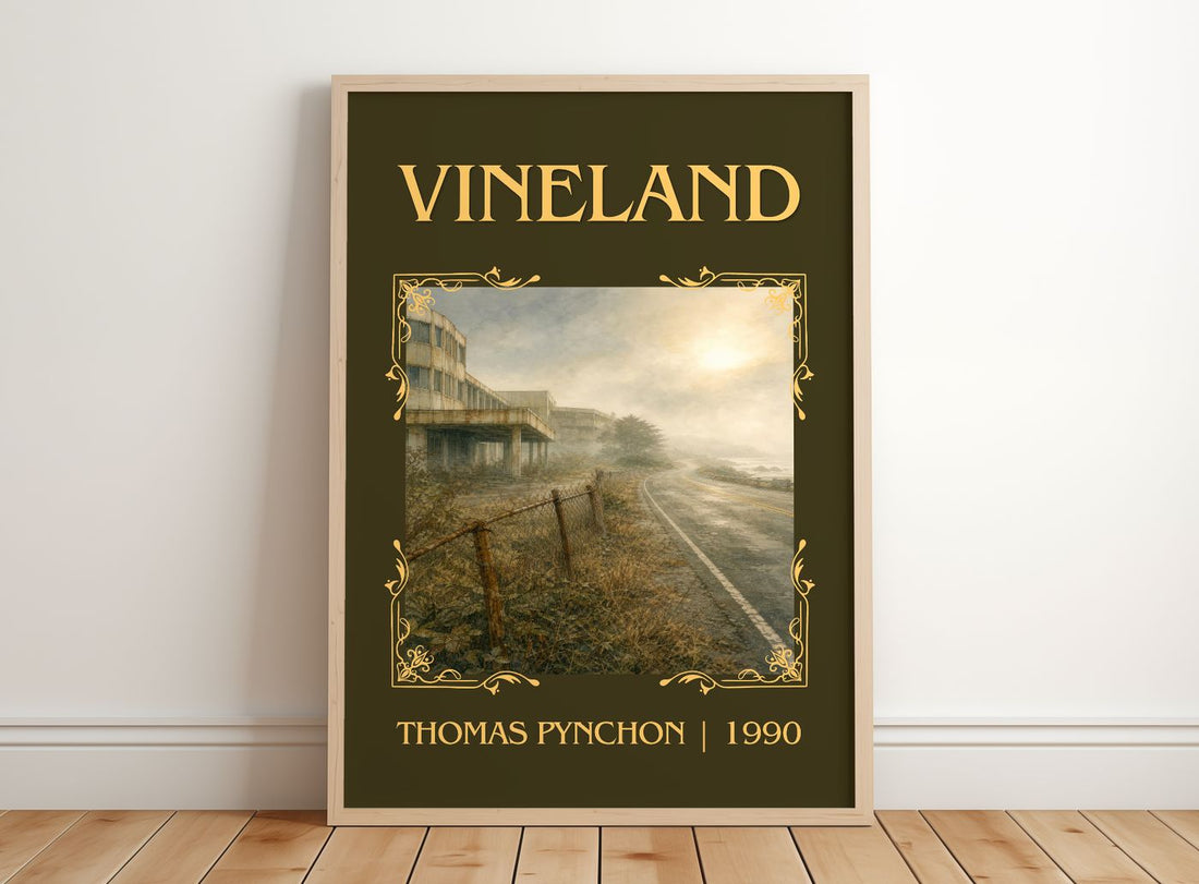 Vineland Classic Book Art Print by Thomas Pynchon – framed print leaning on a wooden floor