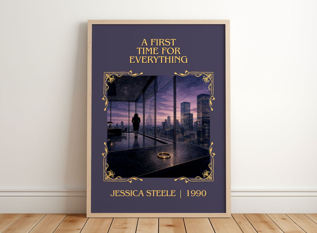 A First Time for Everything Classic Book Art Print by Jessica Steele – framed print leaning on a wooden floor
