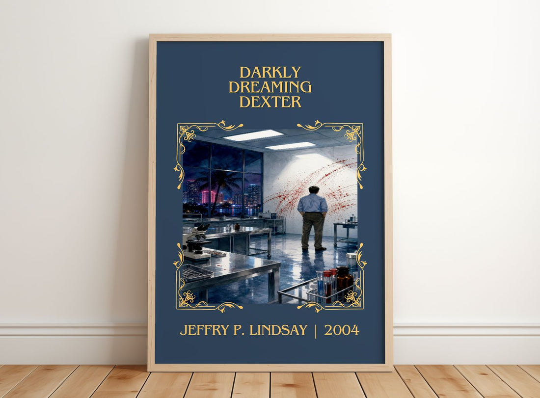 Darkly dreaming Dexter Classic Book Art Print by Jeffry P. Lindsay – framed print leaning on a wooden floor