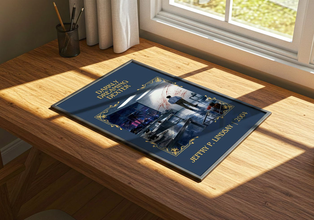 Darkly dreaming Dexter Classic Book Art Print by Jeffry P. Lindsay – print on a sunlit desk