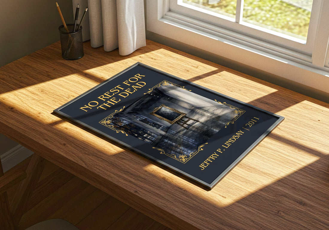 No Rest for the Dead Classic Book Art Print by Jeffry P. Lindsay – print on a sunlit desk
