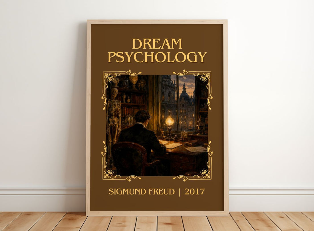 Dream Psychology Classic Book Art Print by Sigmund Freud – framed print leaning on a wooden floor