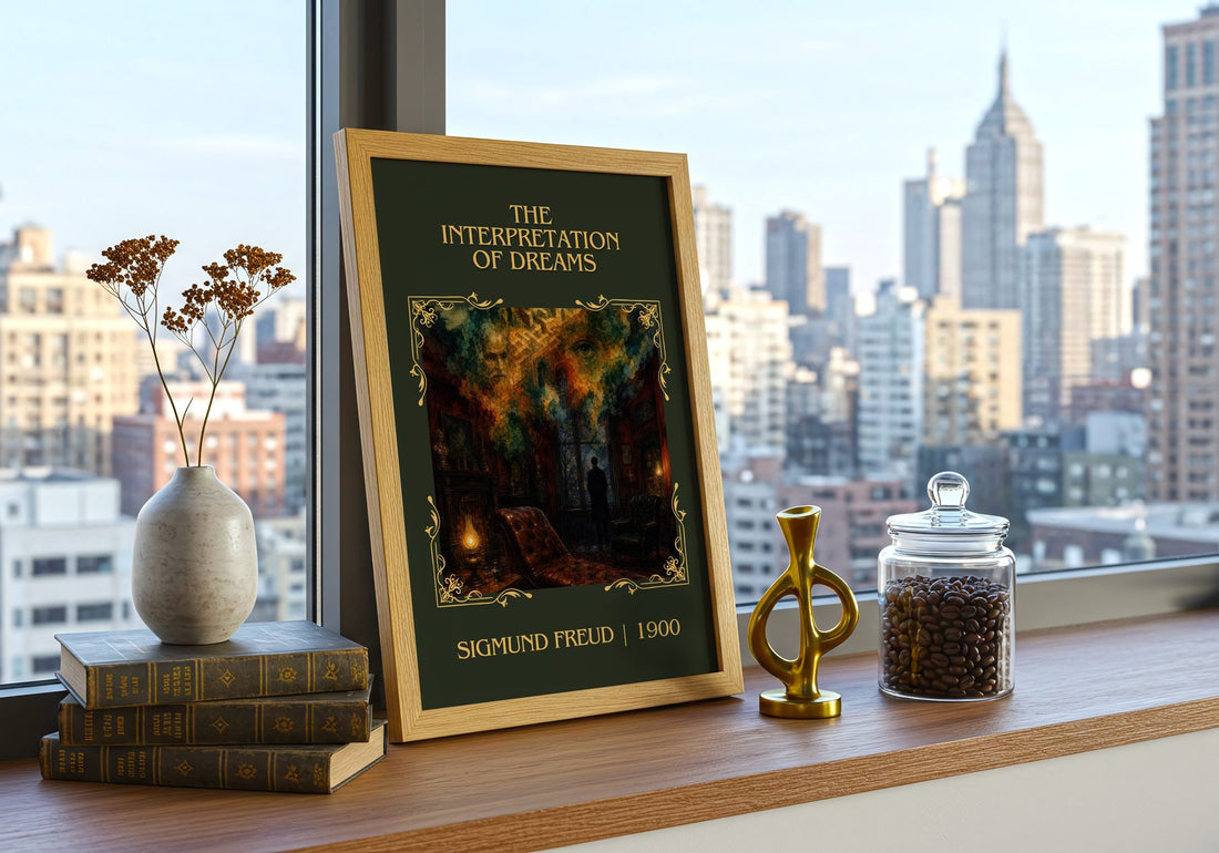 The Interpretation of Dreams Classic Book Art Print by Sigmund Freud – framed print on a city-view windowsill