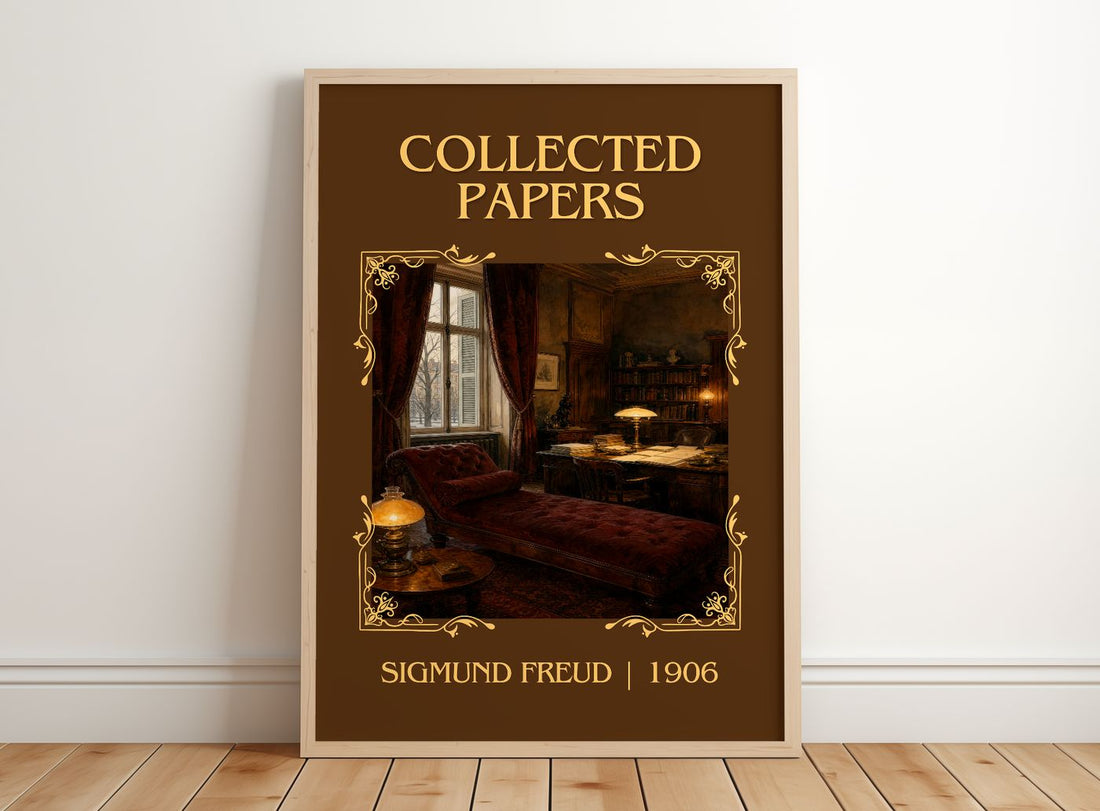 Collected papers Classic Book Art Print by Sigmund Freud – framed print leaning on a wooden floor