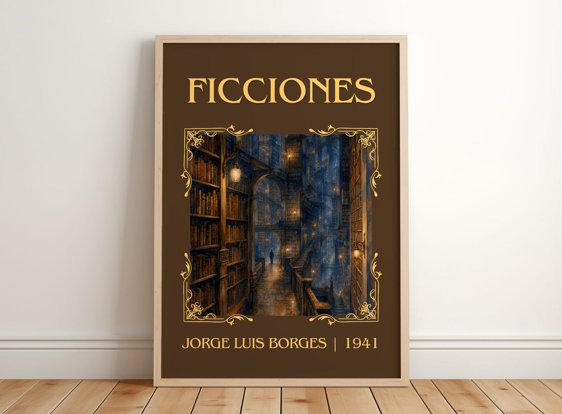 Ficciones Classic Book Art Print by Jorge Luis Borges – framed print leaning on a wooden floor