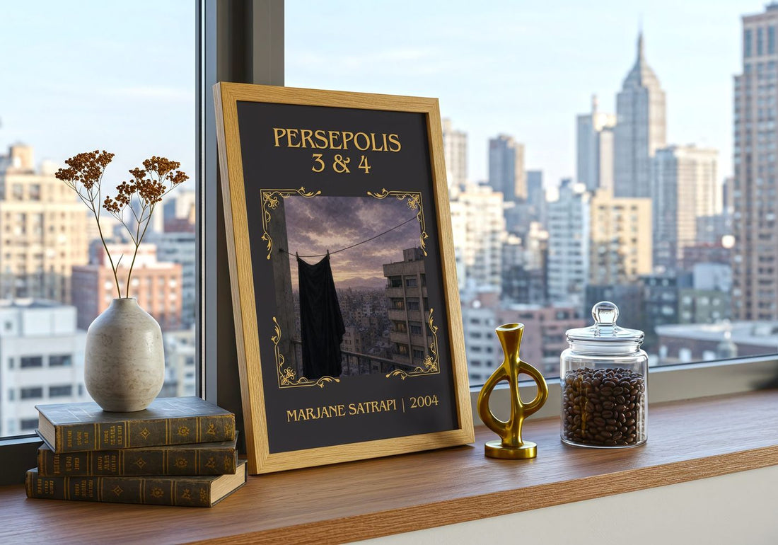 Persepolis 3 & 4 Classic Book Art Print by Marjane Satrapi – framed print on a city-view windowsill