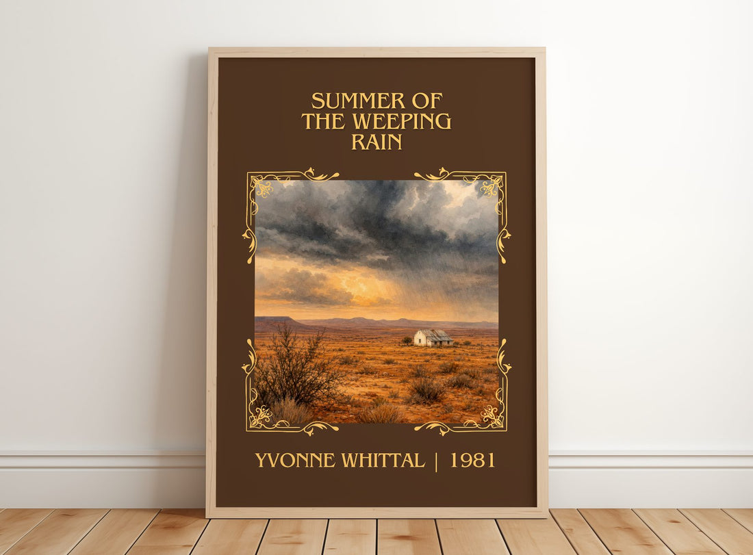 Summer of the Weeping Rain Classic Book Art Print by Yvonne Whittal – framed print leaning on a wooden floor
