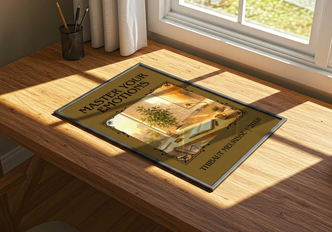 Master Your Emotions Classic Book Art Print by Thibaut Meurisse – print on a sunlit desk