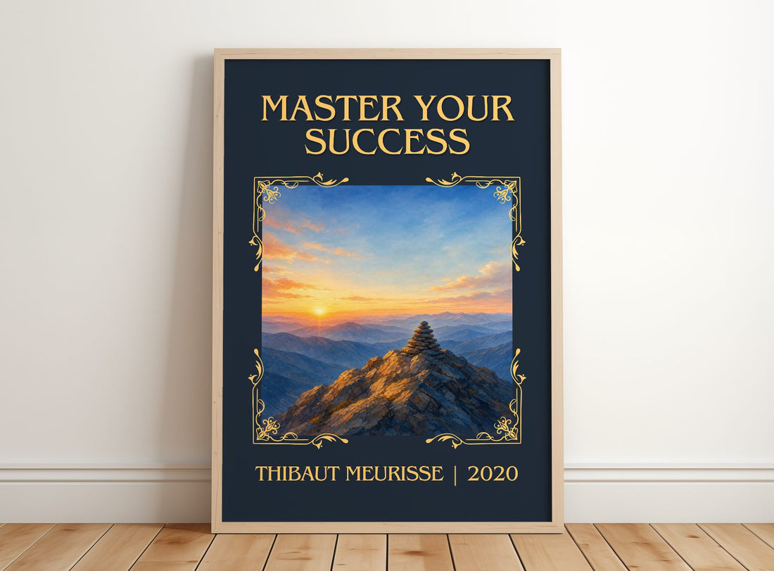 Master Your Success Classic Book Art Print by Thibaut Meurisse – framed print leaning on a wooden floor