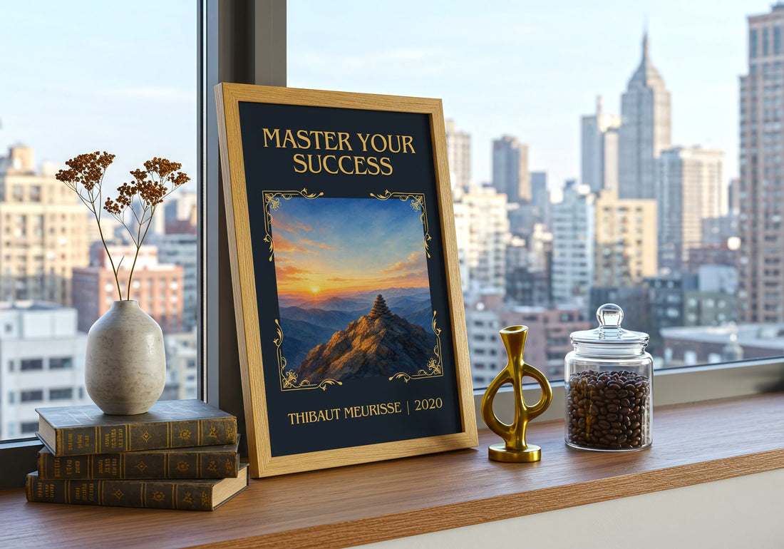 Master Your Success Classic Book Art Print by Thibaut Meurisse – framed print on a city-view windowsill