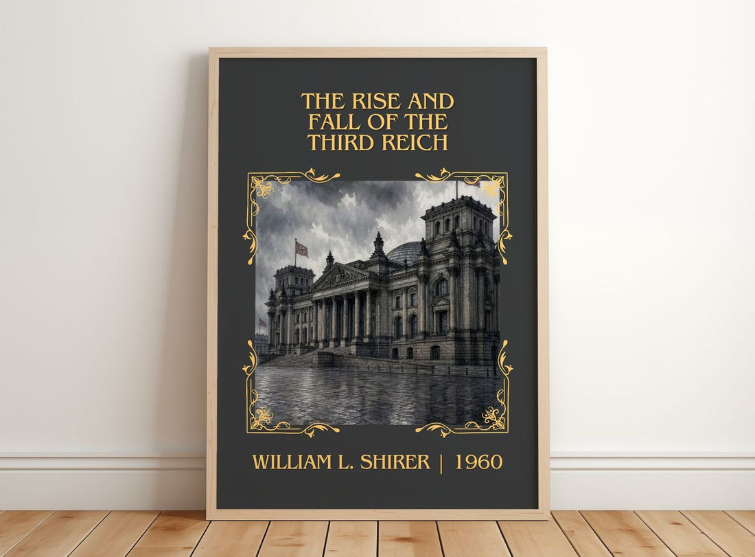 Rise and Fall of the Third Reich Classic Book Art Print by W. Shirer – framed print leaning on a wooden floor