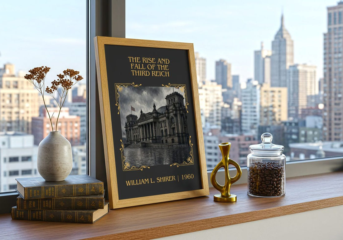 Rise and Fall of the Third Reich Classic Book Art Print by W. Shirer – framed print on a city-view windowsill