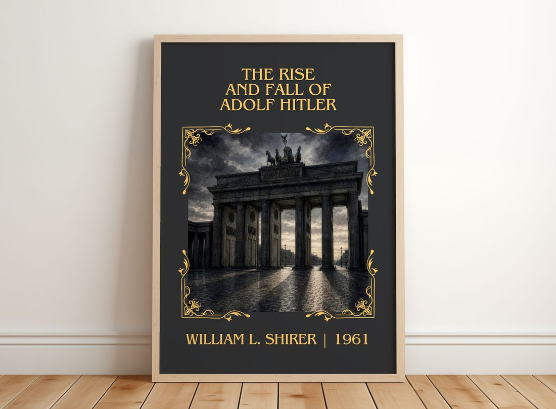 rise and fall of Adolf Hitler Classic Book Art Print by W. Shirer – framed print leaning on a wooden floor