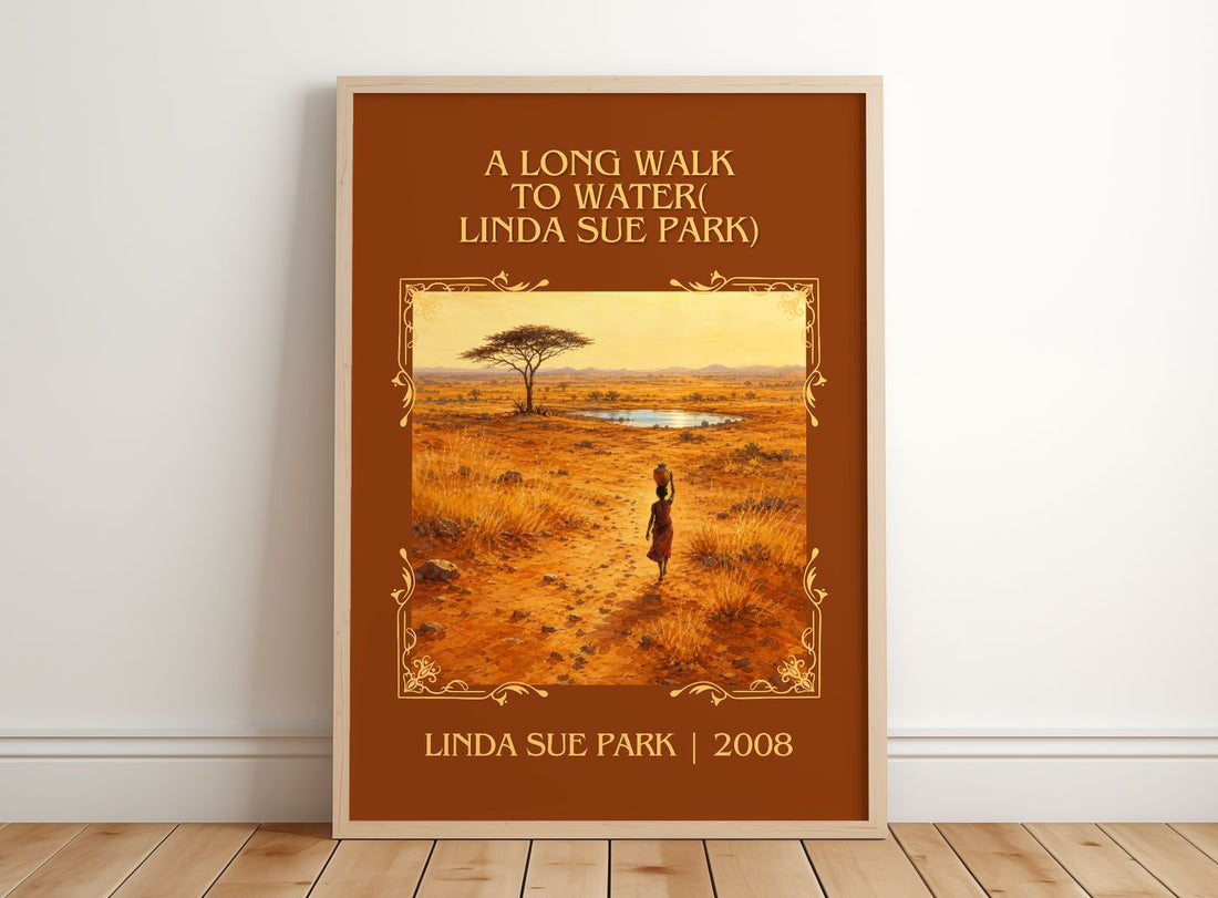 Long Walk to Water( Linda Sue Park) Classic Book Art Print by L. Park – framed print leaning on a wooden floor