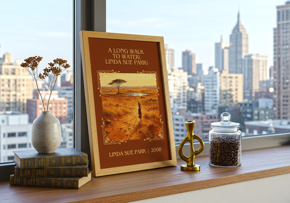 Long Walk to Water( Linda Sue Park) Classic Book Art Print by L. Park – framed print on a city-view windowsill