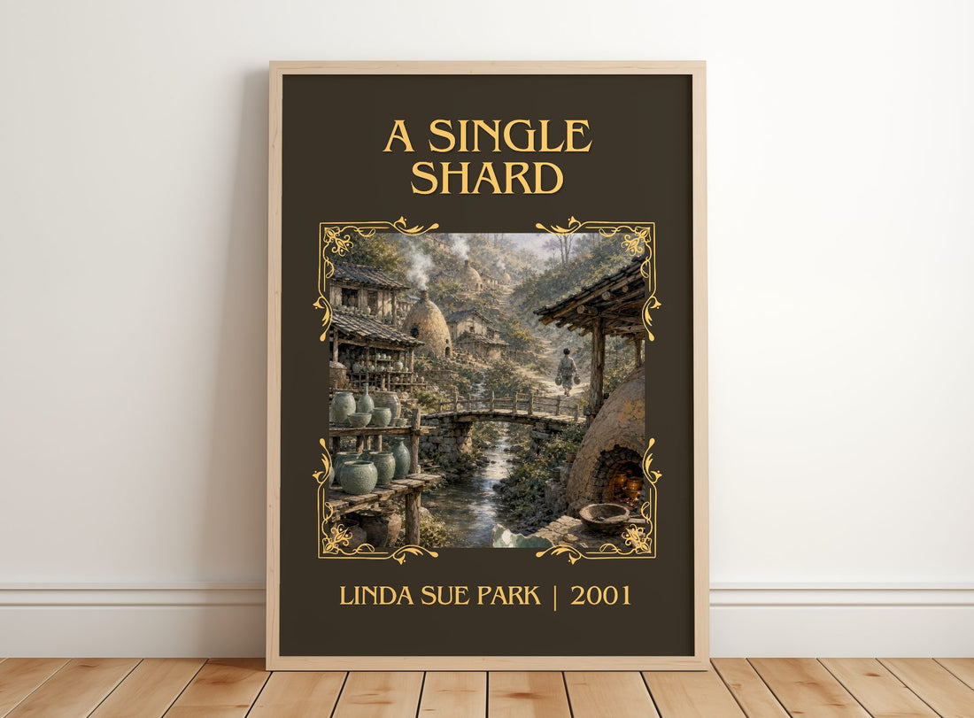 A single shard Classic Book Art Print by Linda Sue Park – framed print leaning on a wooden floor