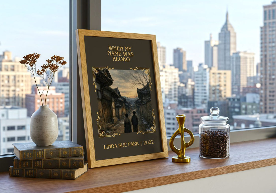 When my name was Keoko Classic Book Art Print by Linda Sue Park – framed print on a city-view windowsill