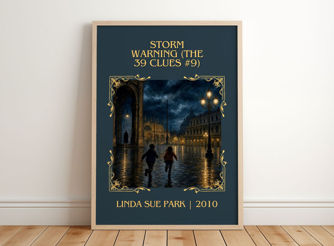 Storm Warning (The 39 Clues #9) Classic Book Art Print by L. Park – framed print leaning on a wooden floor