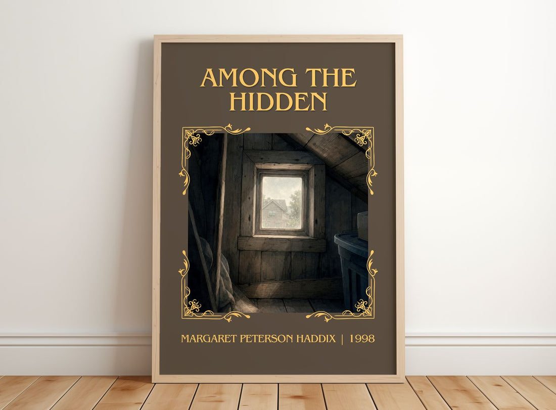 Among the Hidden Classic Book Art Print by Margaret Peterson Haddix – framed print leaning on a wooden floor