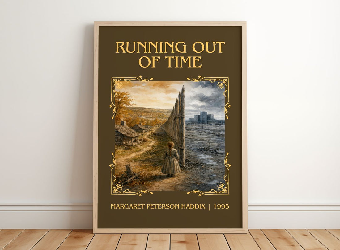 Running Out of Time Classic Book Art Print by Margaret Peterson Haddix – framed print leaning on a wooden floor
