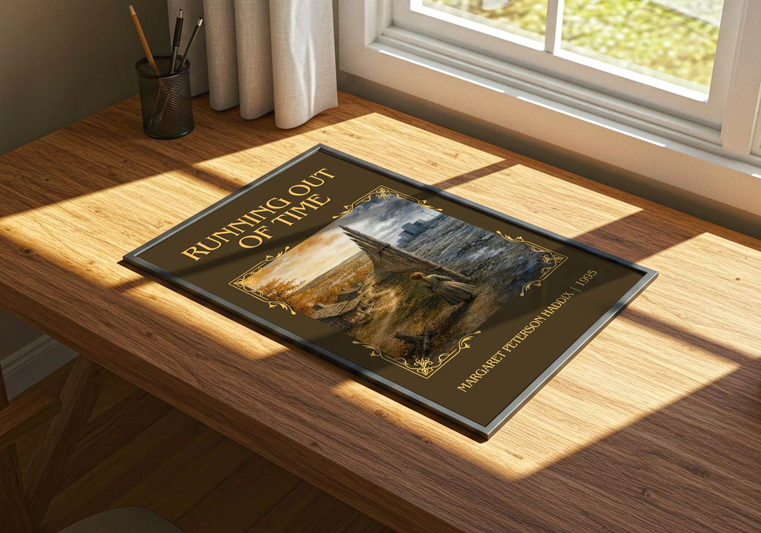 Running Out of Time Classic Book Art Print by Margaret Peterson Haddix – print on a sunlit desk