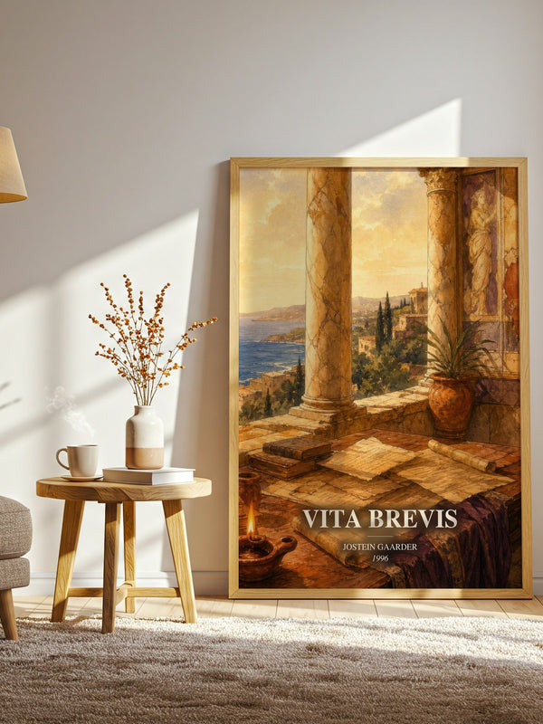 Vita Brevis watercolour print in frame leaning in hallway – literary fiction wall art