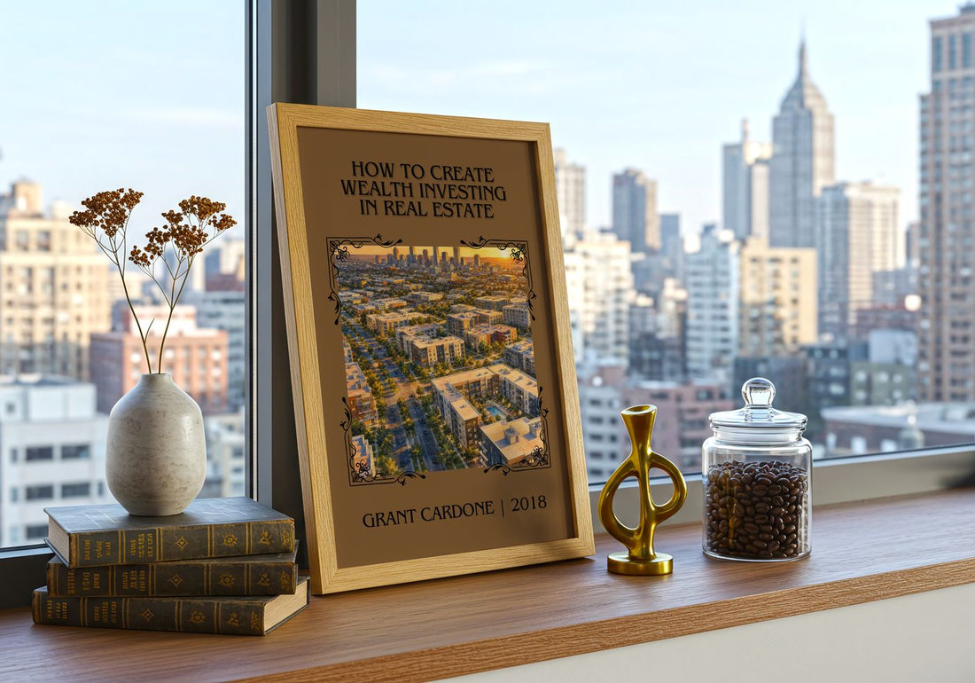 How to Create Wealth Investing in Real Estate Classic Book Art Print by Grant Cardone – framed print on a city-view windowsill