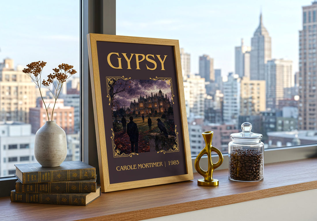 Gypsy Classic Book Art Print by Carole Mortimer – framed print on a city-view windowsill