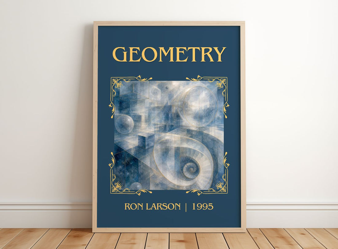 Geometry Classic Book Art Print by Ron Larson – framed print leaning on a wooden floor