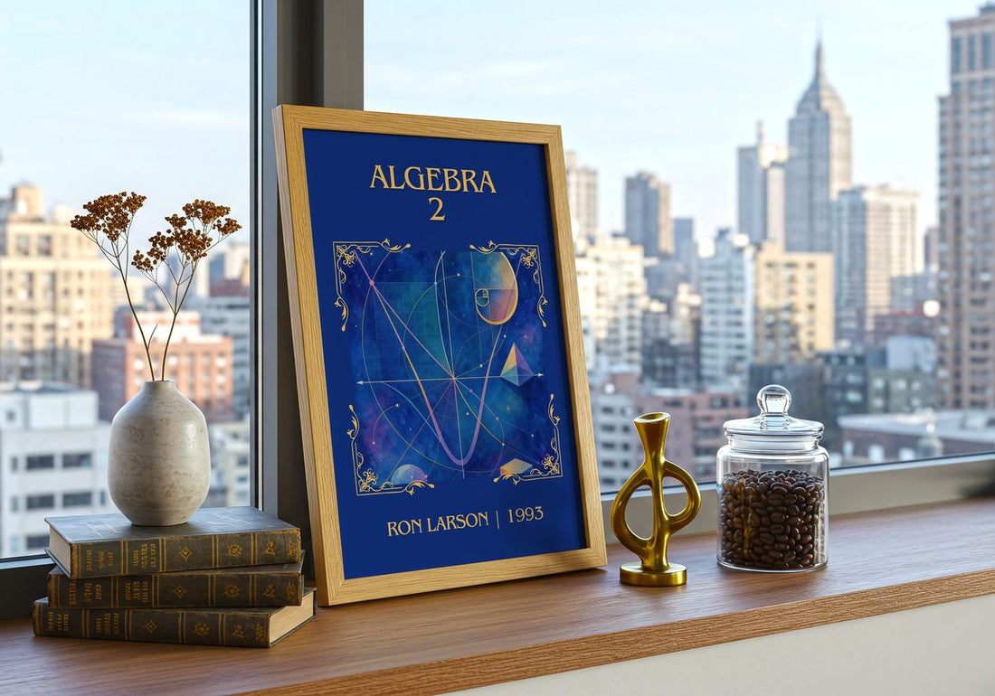 Algebra 2 Classic Book Art Print by Ron Larson – framed print on a city-view windowsill