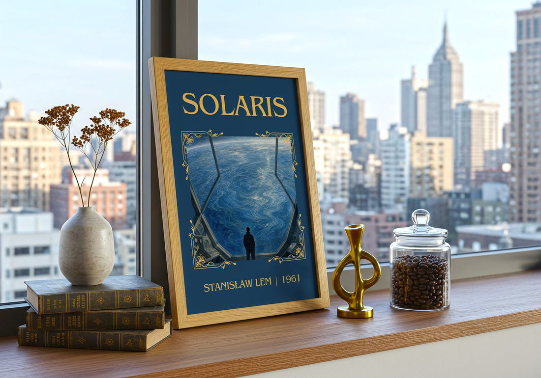 Solaris Classic Book Art Print by Stanisław Lem – framed print on a city-view windowsill