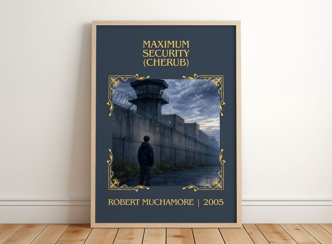 Maximum Security (CHERUB) Classic Book Art Print by Robert Muchamore – framed print leaning on a wooden floor