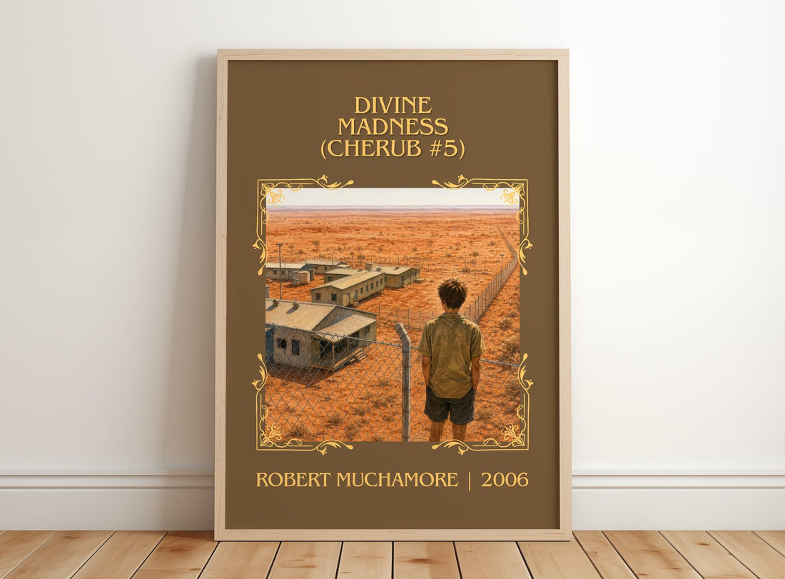 Divine Madness (CHERUB #5) Classic Book Art Print by Robert Muchamore – framed print leaning on a wooden floor