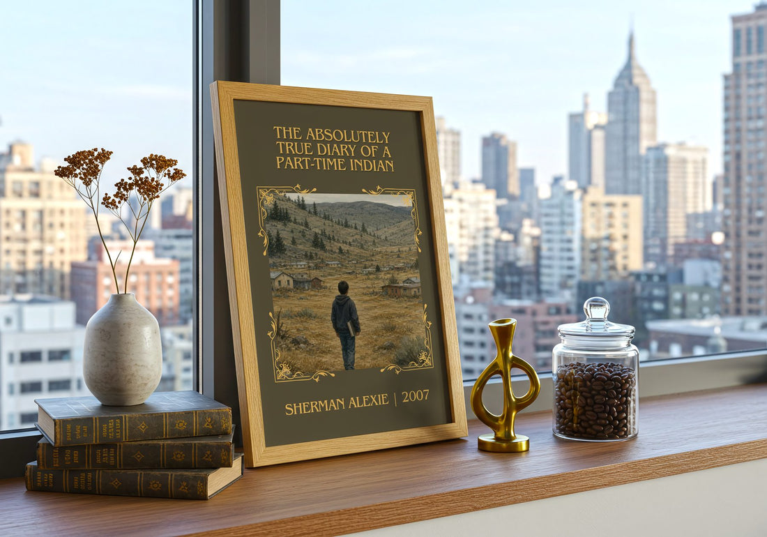 The Absolutely True Diary of a Part-Time Indian Classic Book Art Print by Sherman Alexie – framed print on a city-view windowsill