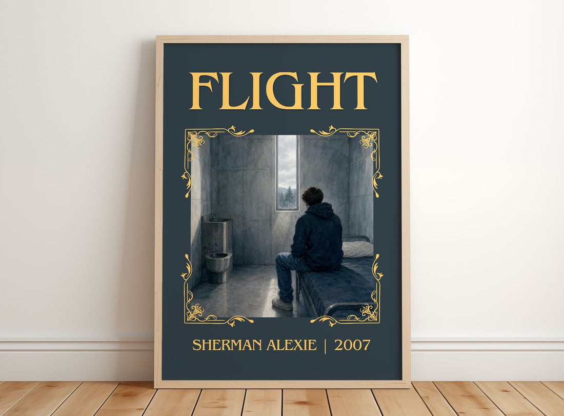 Flight Classic Book Art Print by Sherman Alexie – framed print leaning on a wooden floor