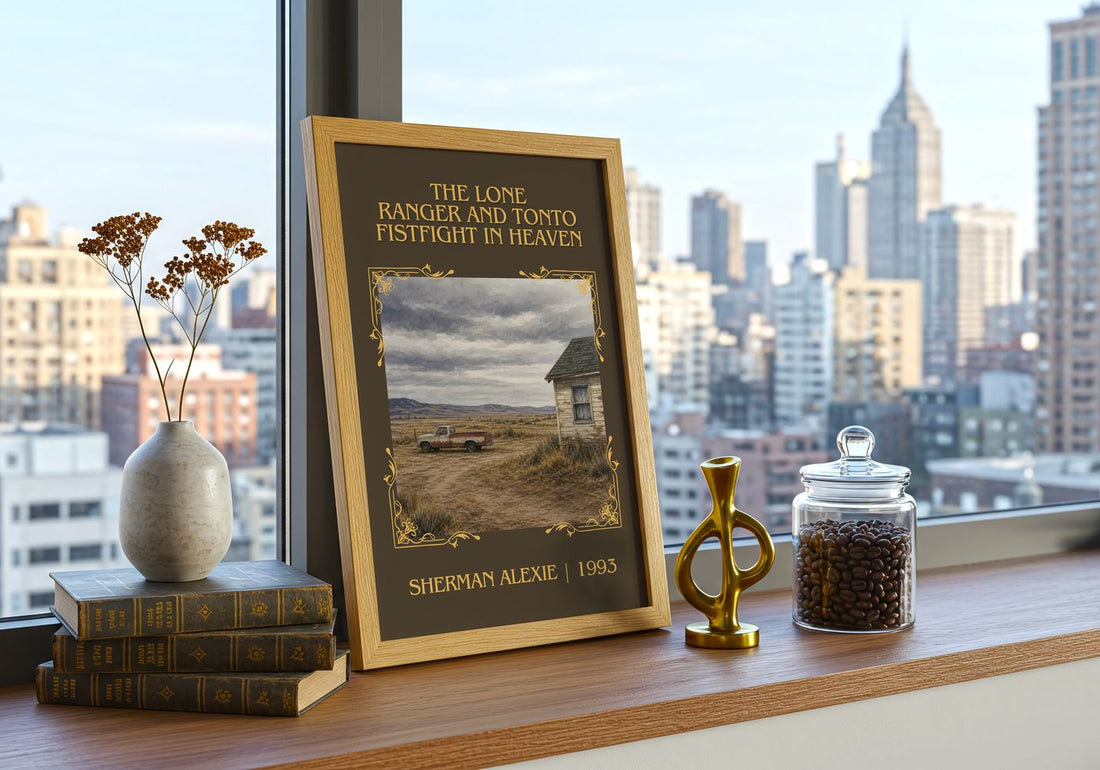 The Lone Ranger and Tonto fistfight in heaven Classic Book Art Print by Sherman Alexie – framed print on a city-view windowsill