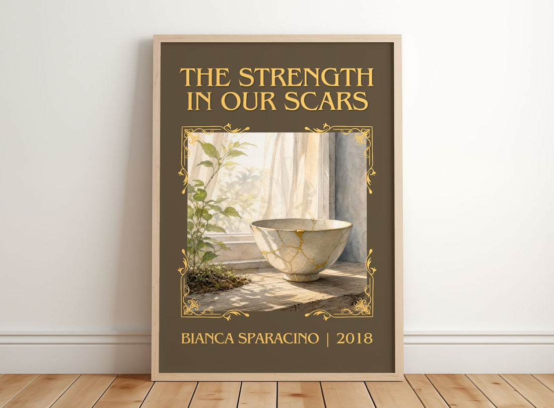 The Strength in Our Scars Classic Book Art Print by Bianca Sparacino – framed print leaning on a wooden floor