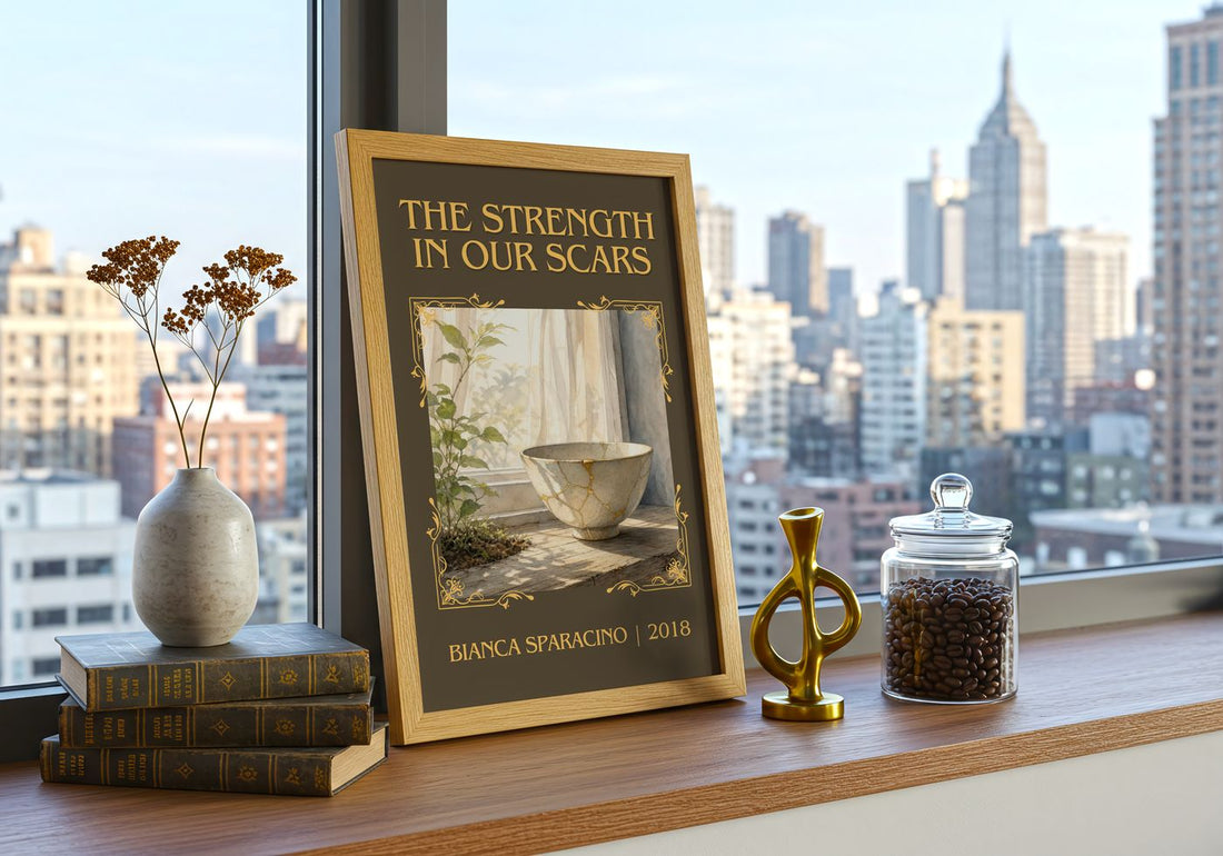 The Strength in Our Scars Classic Book Art Print by Bianca Sparacino – framed print on a city-view windowsill