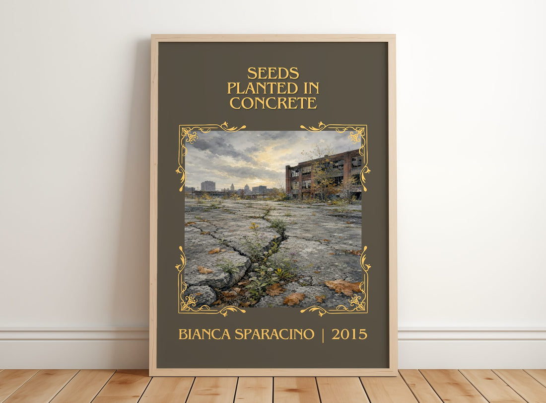 Seeds Planted in Concrete Classic Book Art Print by Bianca Sparacino – framed print leaning on a wooden floor